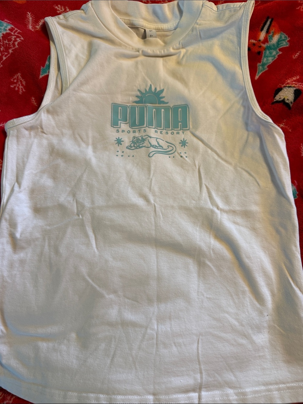 Puma White Sleeveless Muscle Tee with Teal Logo